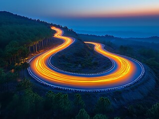 Winding Road, Mountain, Sunrise, Car Light Trails