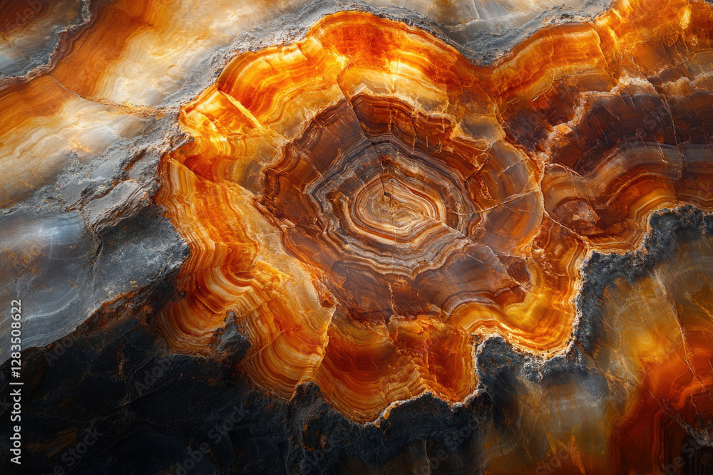 Poster a mesmerizing close-up of onyx stone reveals intricate swirling patterns in warm orange and brown hu