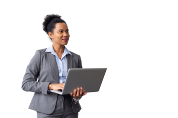 Stylish African American professional analyzing data on a laptop in her hands