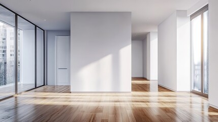 Fototapeta premium Minimalist living room with white walls and wood floor, empty space, natural ambient light