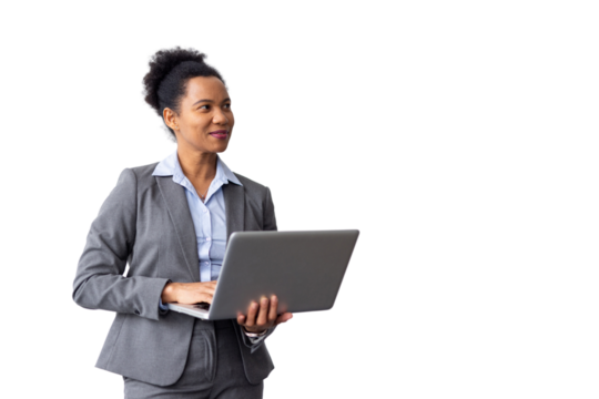 Stylish African American professional analyzing data on a laptop in her hands