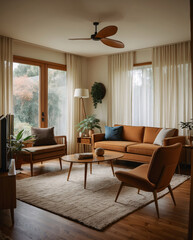 Cozy and Stylish Mid Century Living Room with Wooden Furniture Tropical Plants and Colorful Ethnic Accents Earth Tone Modern Interior design inspiration