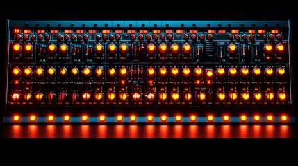 Studio synth illuminated, dark background, music production