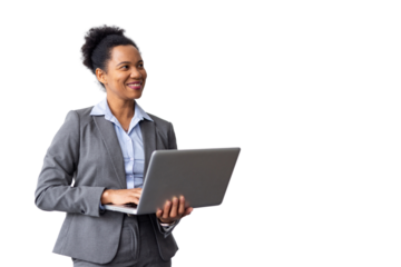 Skilled African American CEO checking presentations on a laptop while holding it