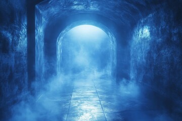 Obraz premium Mysterious blue fog envelops an ancient stone tunnel leading to a glowing portal of light