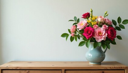 Floral arrangement with leaf patterns on wooden dresser, forest, wood, bedroom