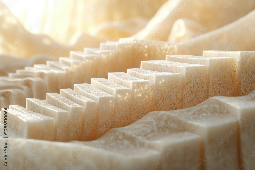 Poster steps of beige porous blocks arranged on a soft, light fabric, illuminated by soft sunlight.