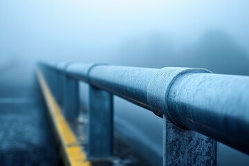 Foggy morning view of a metallic handrail on a bridge surrounded by mist and low visibility