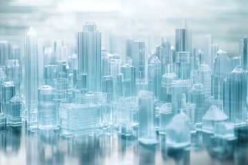 Clear glass models of a modern city skyline at sunrise reflecting soft light