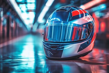 Fototapeta premium Racing helmet placed on smooth floor in a brightly lit corridor at a motorsport facility during an event