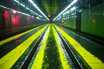 Rain-soaked subway tracks illuminated by colorful lights in an underground station during a rainy night