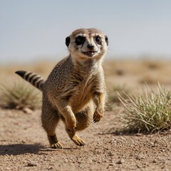 Fototapeta premium A meerkat mid-sprint, dynamically posed as if running fast, on a white background.