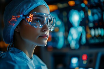 Surgeon wearing advanced glasses analyzes patient data in a high-tech operating room during a critical procedure