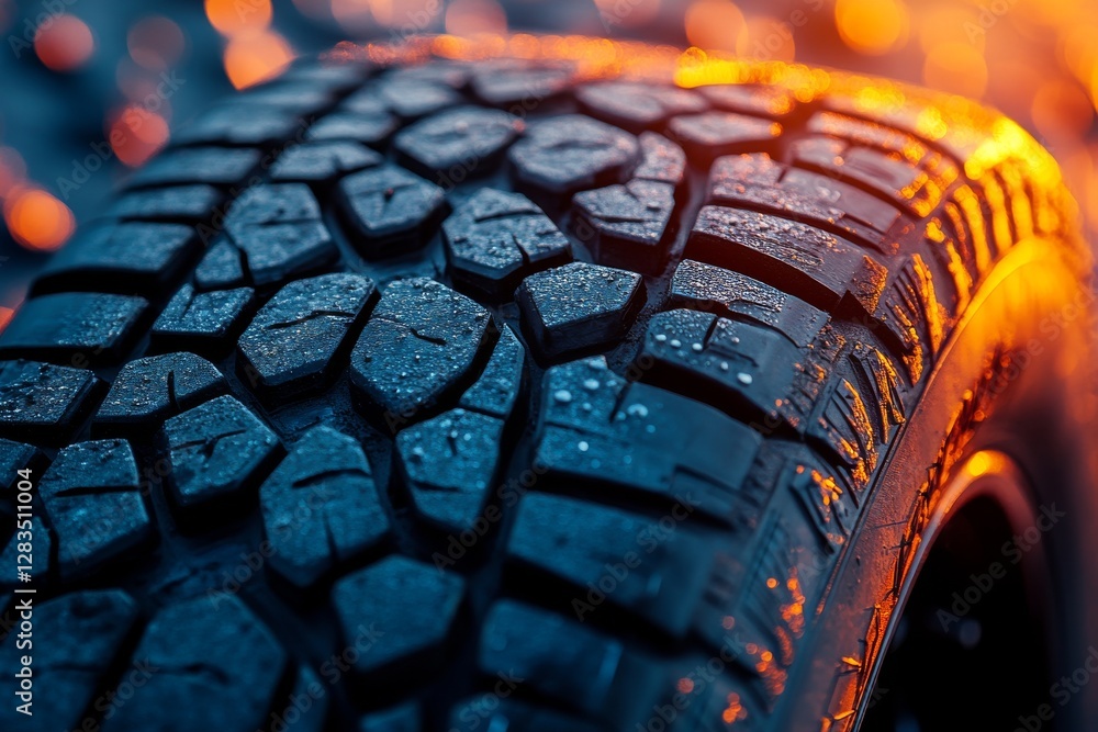 Poster close-up of a wet tire tread illuminated by sunset with intricate patterns and textures clearly visi