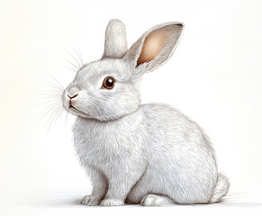Obraz premium Cute white rabbit sitting calmly against a pale background showcasing its fluffy fur and expressive features in a serene setting
