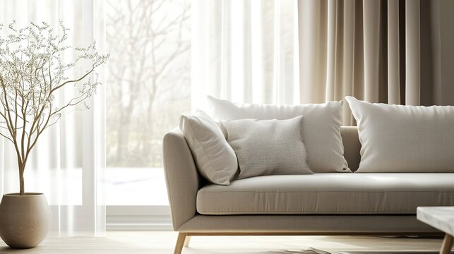 Minimalist sofa in a modern living room, soft window light, f/4.0, blurred neutral background