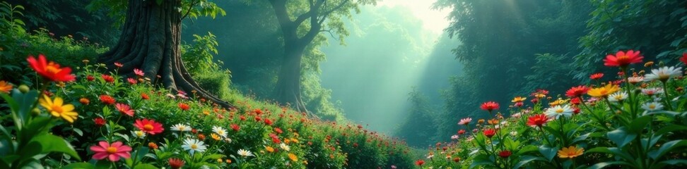 Fototapeta na wymiar Floral forest amidst dense greenery and misty atmosphere, wildflowers, grunge floral background, earthy tones
