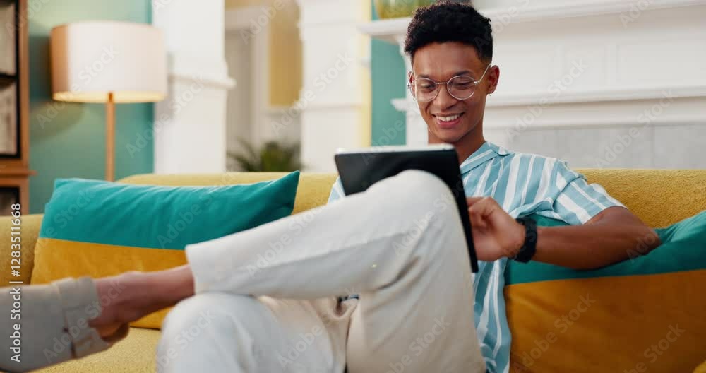 Poster search, smile and tablet with man on sofa for online reading, communication and social media post. n