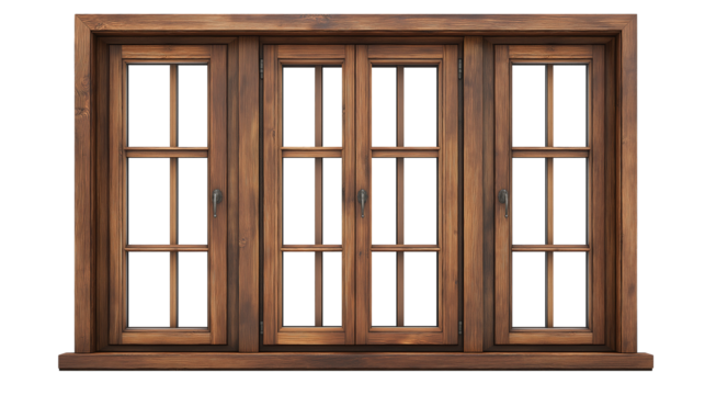Wooden window isolated on white and transparent background, cut out png