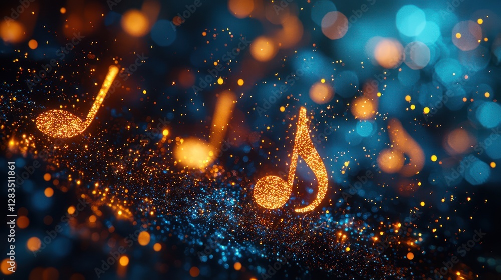 Poster sparkling music notes in a vibrant bokeh background