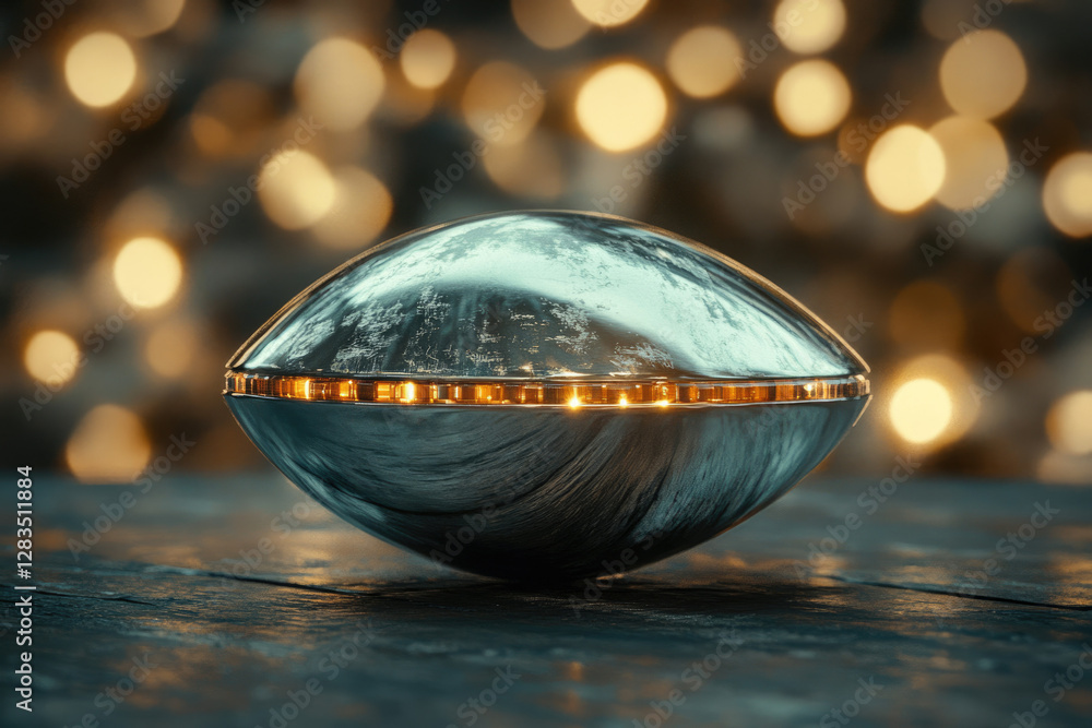Aufkleber a metallic, ovular object with glowing lights rests on a dark wooden surface against a bokeh backgro