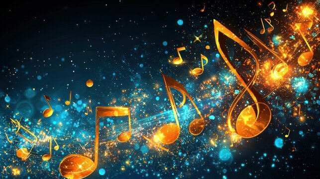 Golden musical notes swirl, sparkling energy, dark background, music event promotion