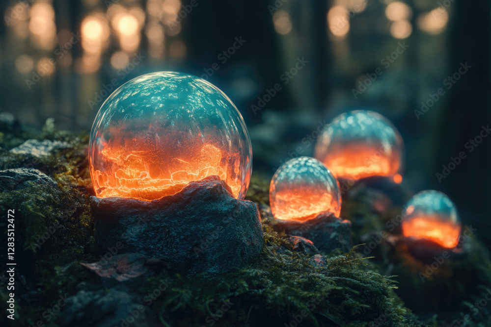 Poster Enchanted glowing orbs rest on mossy rocks in a mystical forest, illuminated from within.