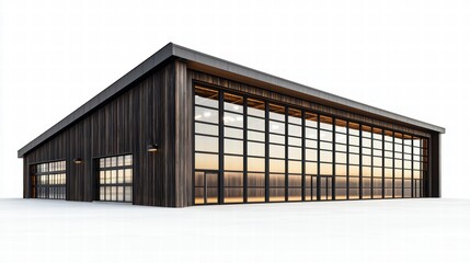 Modern Hangar Design: A sleek, modern hangar design featuring dark wood siding, expansive glass walls, and large overhead doors, offering ample natural light and a striking architectural statement.