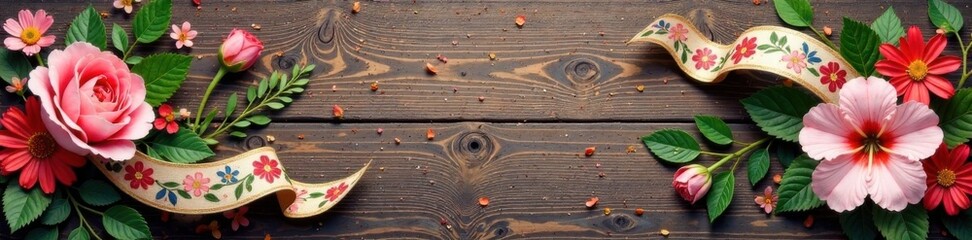 Obraz premium Floral patterned ribbon banner with a wooden background, banner, celebration, decoration