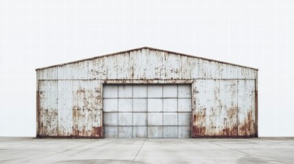 Fototapeta premium Weathered Hangar Structure: The sun-drenched weathered facade of an industrial hangar, telling tales of time. A concrete plane underneath reveals a silent story.