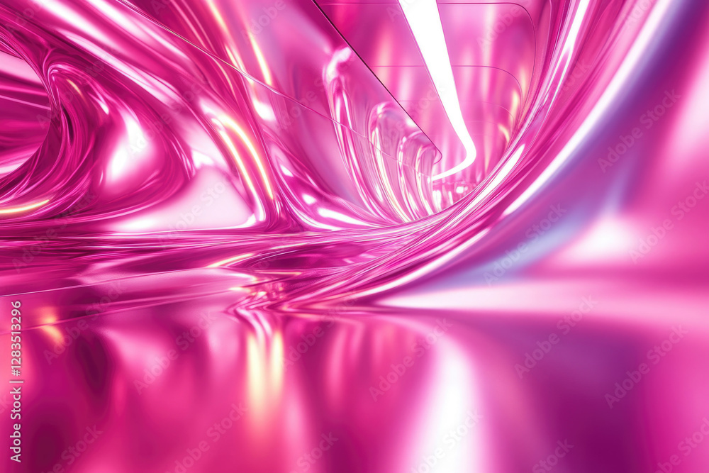 Poster Abstract pink metallic tunnel with glowing lights, creating a futuristic and surreal atmosphere.