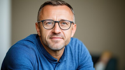 Obraz premium A thoughtful man with glasses, wearing a blue sweater, gazes confidently at the camera, suggesting intelligence and approachability.