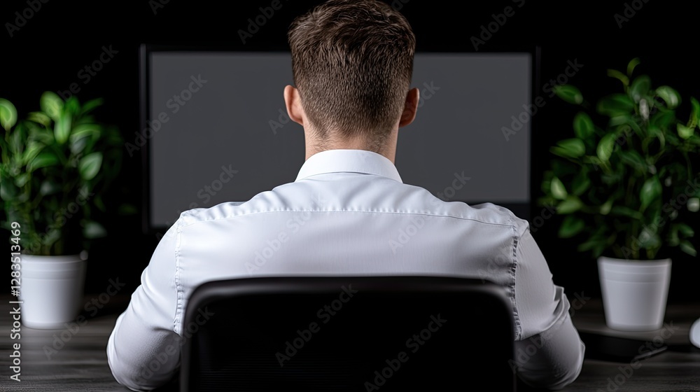 Aufkleber a person sits at a desk in front of a dark computer screen, surrounded by green plants, creating a s