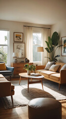 Stylish Mid Century Living Room with Wooden Furniture Colorful Ethnic Elements and Tropical Plants for a Vibrant Home Earth Tone Modern Interior design inspiration