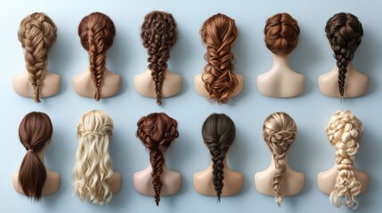 A row of hair with different styles and colors