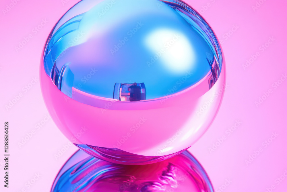 Poster a vibrant pink and blue glass sphere reflects a distorted image, creating a visually striking abstra