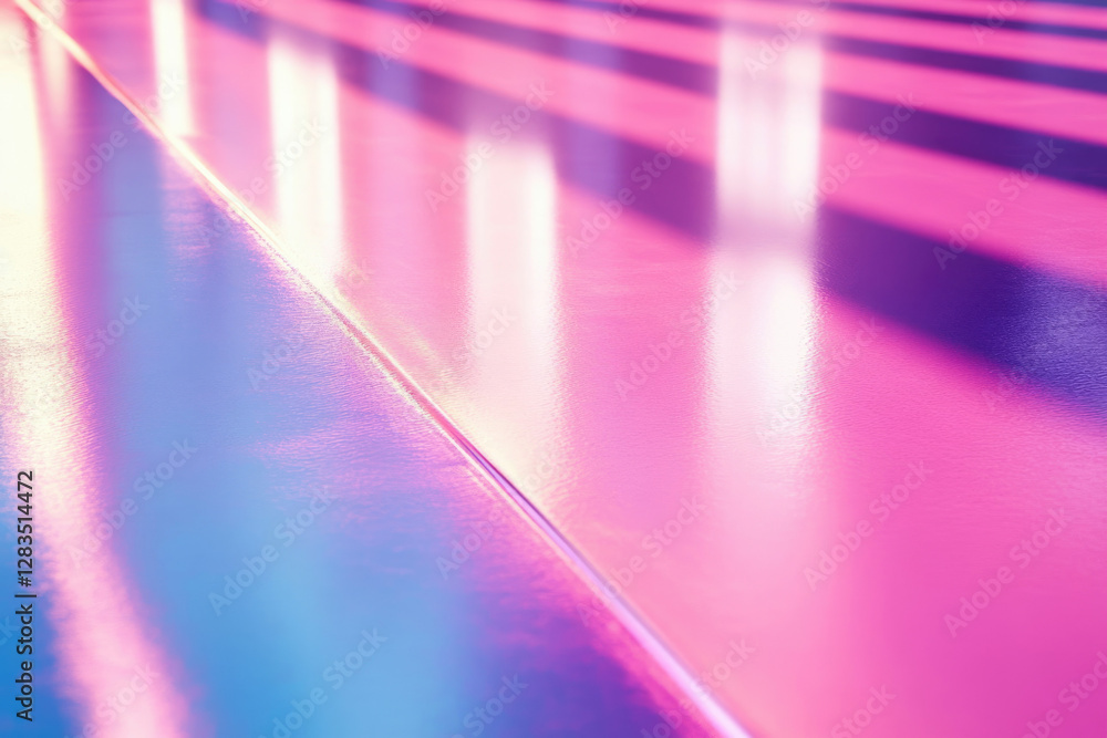 Poster abstract image of iridescent surface reflecting vibrant pink and blue light, creating a blend of col