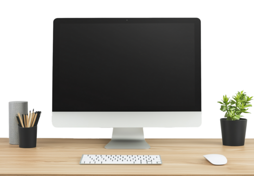 computer on the wood desk isolated on the transparent background. 