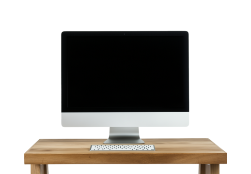computer on the wood desk isolated on the transparent background. 
