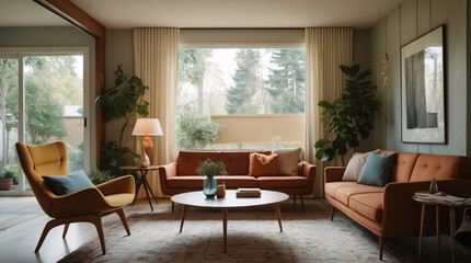 Vibrant and Stylish Mid Century Living Room with Wooden Furniture Colorful Ethnic Decor and Lush Tropical Greenery Earth Tone Modern Interior design inspiration