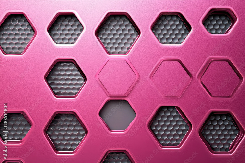 Poster Abstract pink metallic honeycomb pattern background with hexagonal shapes and textures.