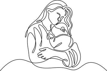 Mother holding her baby one line drawing with editable stroke on white isolated background. Vector illustration