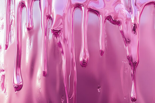 Fototapeta Dripping metallic pink liquid, glossy and reflective, abstract background.
