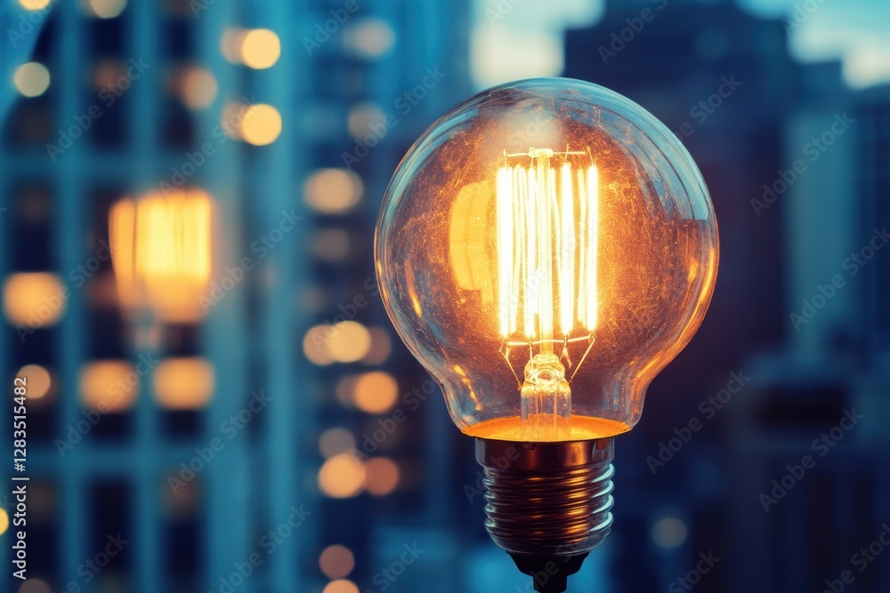 Aufkleber unique vintage light bulb shining brightly in a city setting during twilight hours. generative ai