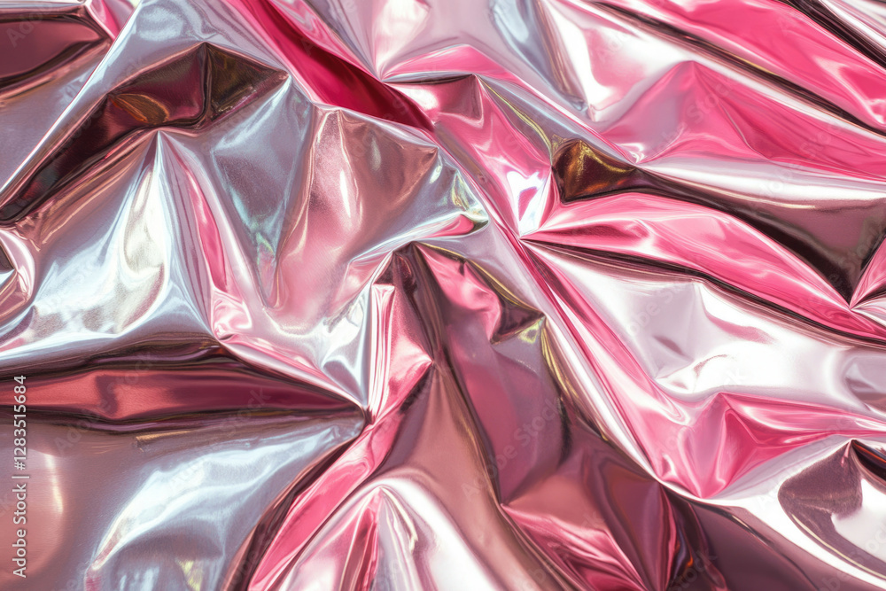 Poster abstract image of crumpled metallic pink and silver fabric with glossy texture and folds.