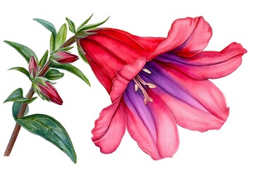 Vibrant red and purple flower illustration, detailed botanical art, isolated on white background