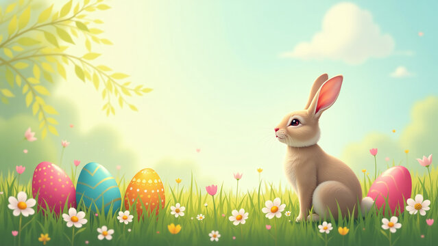 colorful eggs bunny bring joy renewal sunlit meadow easter morning vibrant springtime