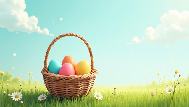 colorful eggs straw basket appear overhead easter - Powered by Adobe
