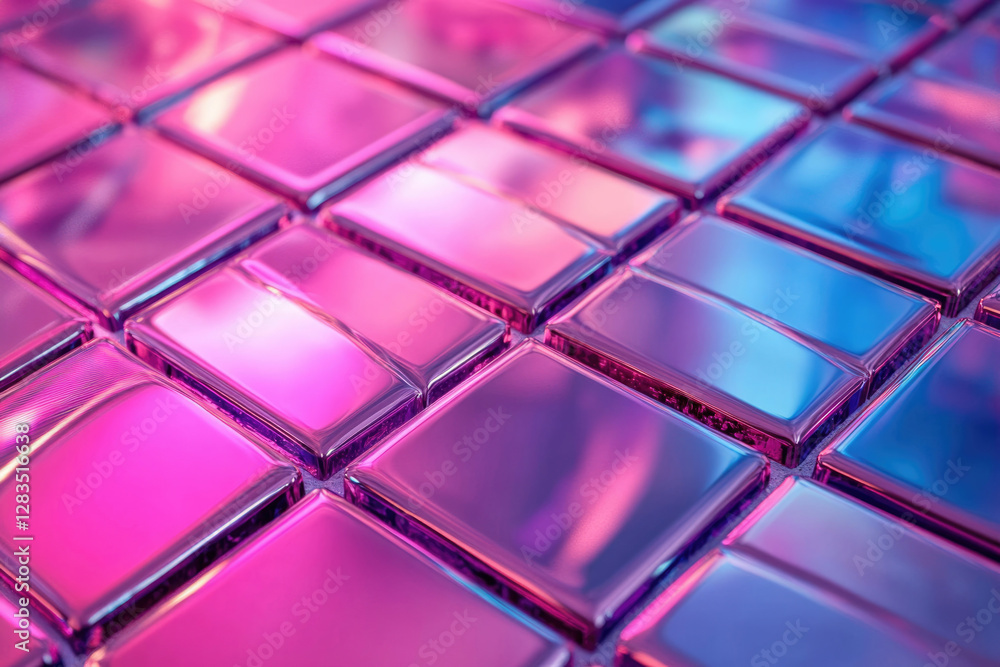 Poster iridescent glass tiles create a vibrant, geometric pattern with shimmering reflections.