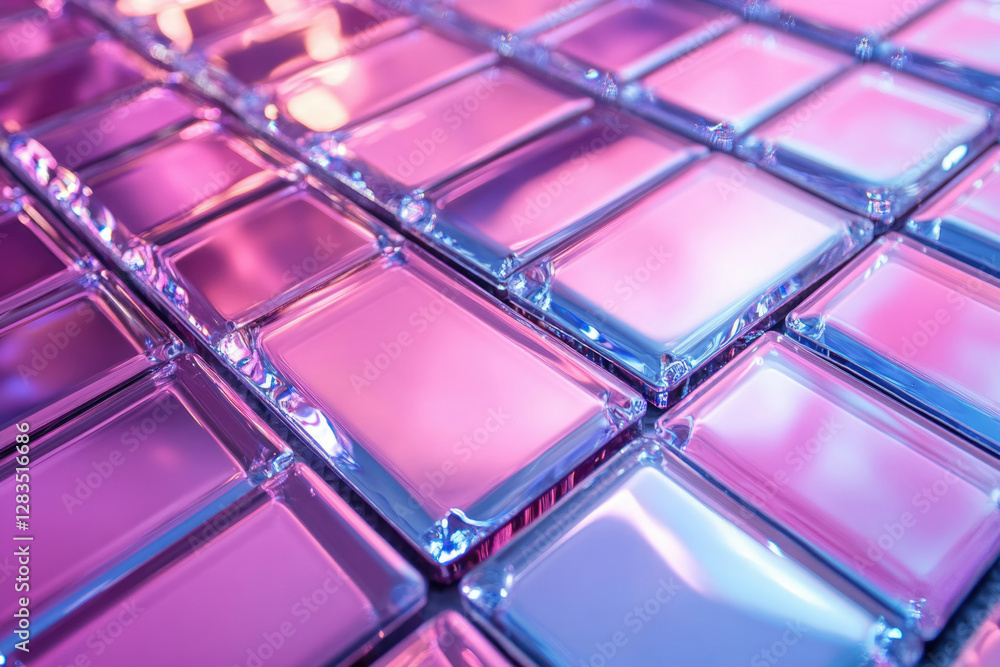 Poster close-up view of iridescent pink and purple glass tiles arranged in a grid pattern.